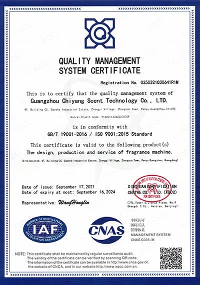 penyebar aroma HVAC pengeluar SCENTA ISO certificate reference