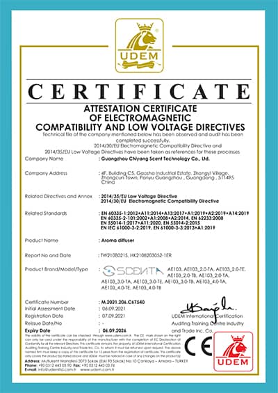 penyebar aroma HVAC pengeluar SCENTA CE certificate reference