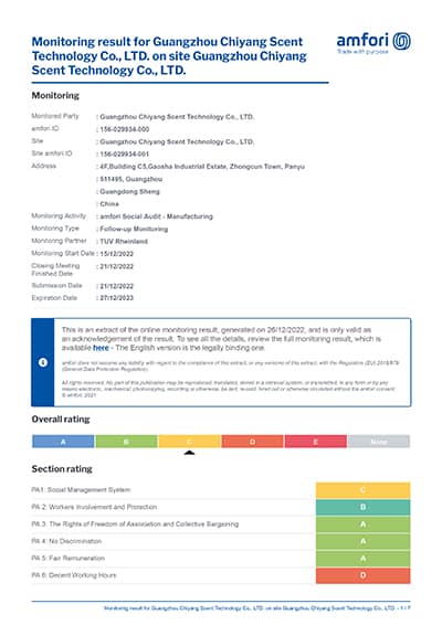 penyebar aroma HVAC pengeluar SCENTA BSCI certificate reference